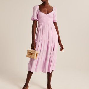 Pink Abercrombie and Fitch Short-Sleeve Smocked Midi Dress